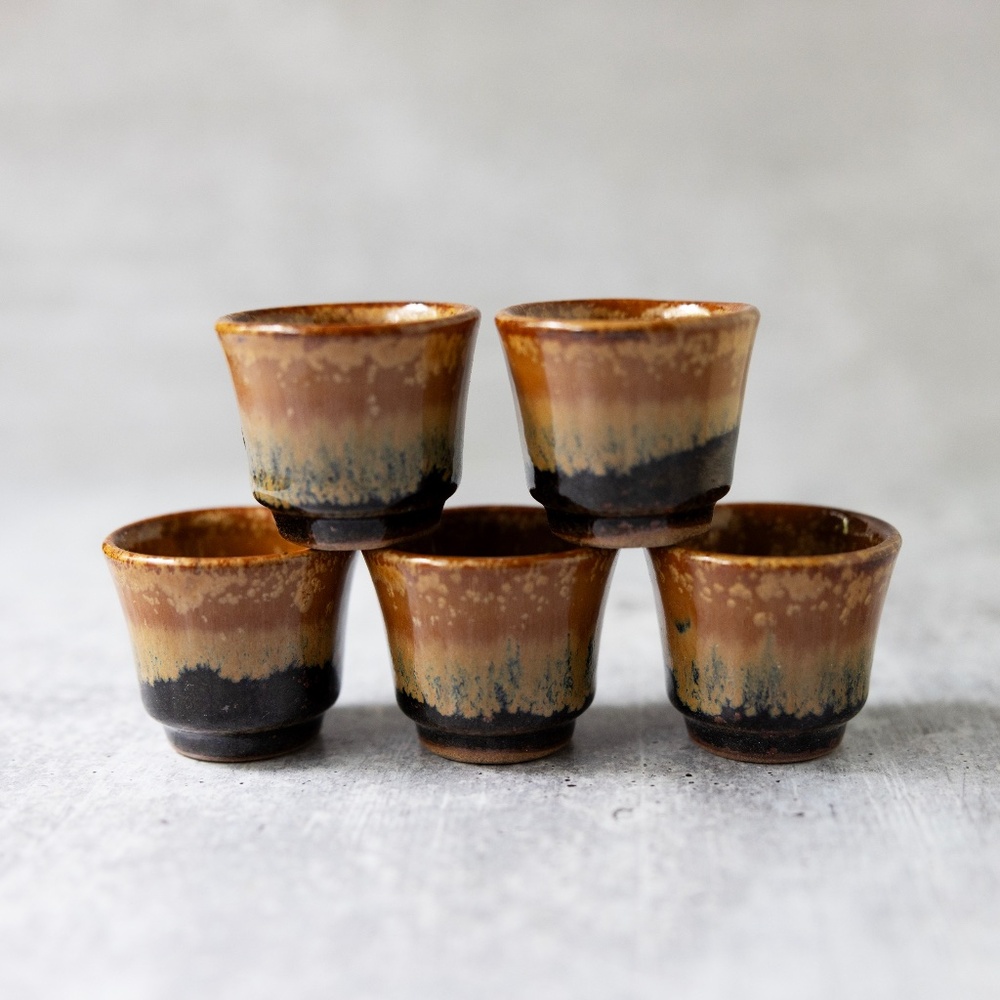 Japanese Japan Pottery Sake Tea Cups Set of 5 Guinomi Brown Original Box 1.75”